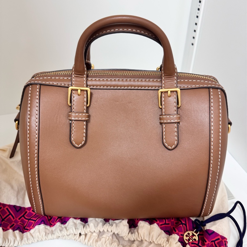 Tory Burch 波士頓包T MONOGRAM LEATHER BARREL BAG TB咖色-1