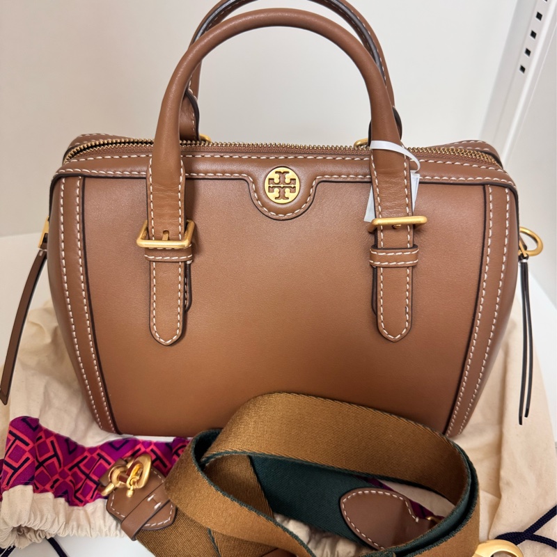 Tory Burch 波士頓包T MONOGRAM LEATHER BARREL BAG TB咖色-4