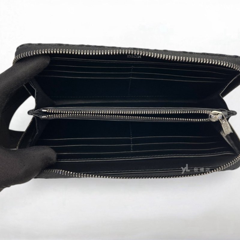 S5386-DIOR Oblique 黑色緹花拉鍊長夾-6
