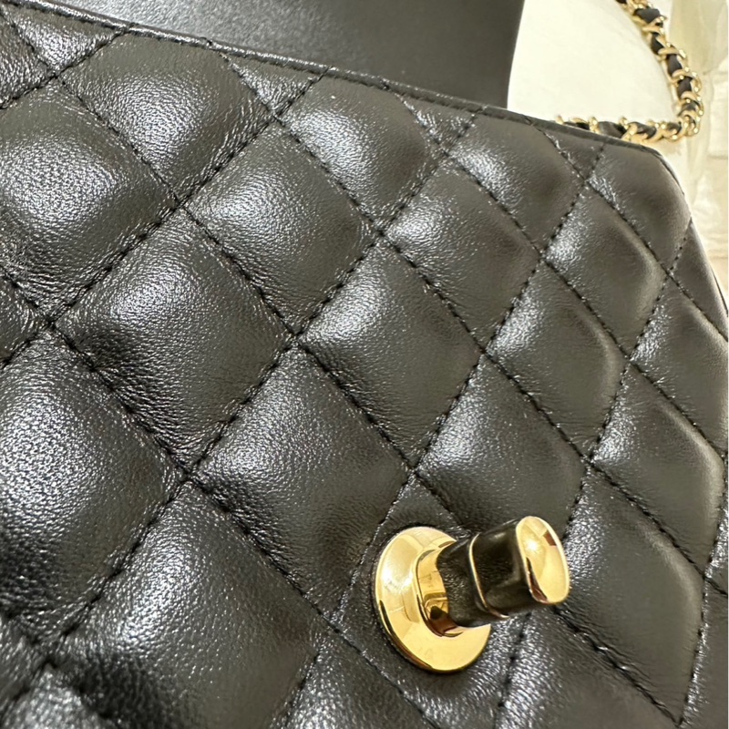 Chanel羊皮淡金扣芯片方胖子-5