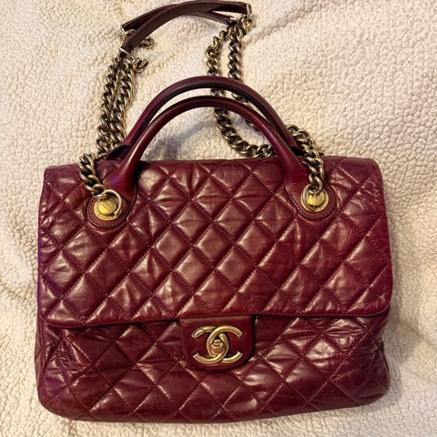 Chanel香奈兒酒紅色孟買包油蠟牛皮手柄鏈條手柄翻蓋包