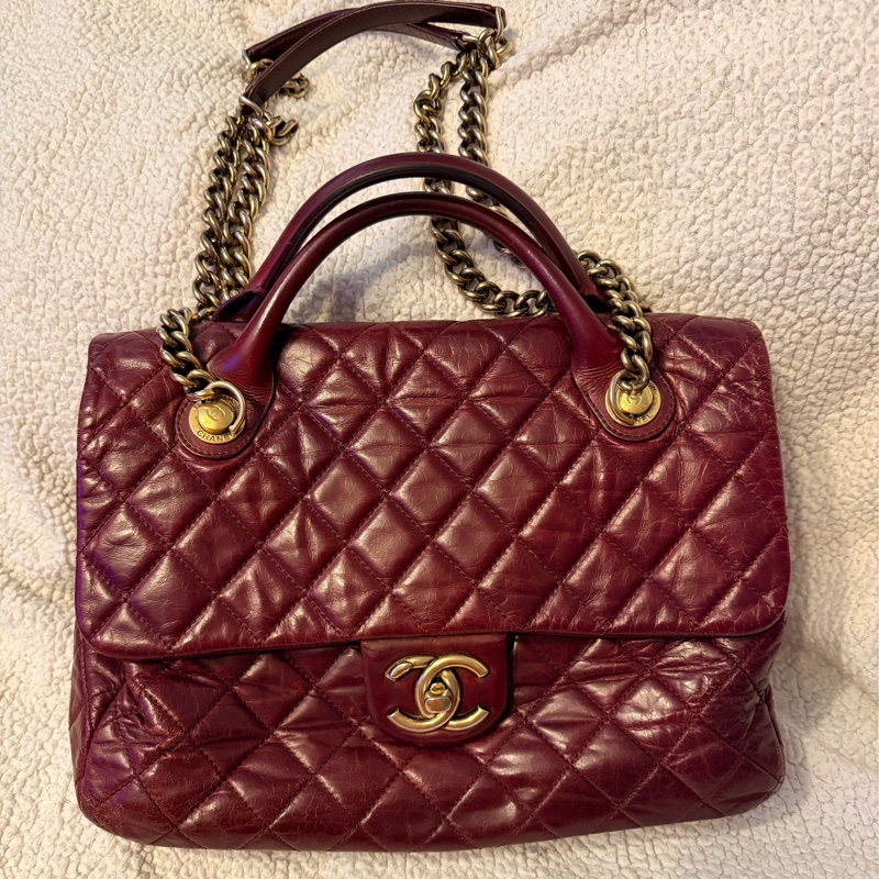 Chanel香奈兒酒紅色孟買包油蠟牛皮手柄鏈條手柄翻蓋包-0