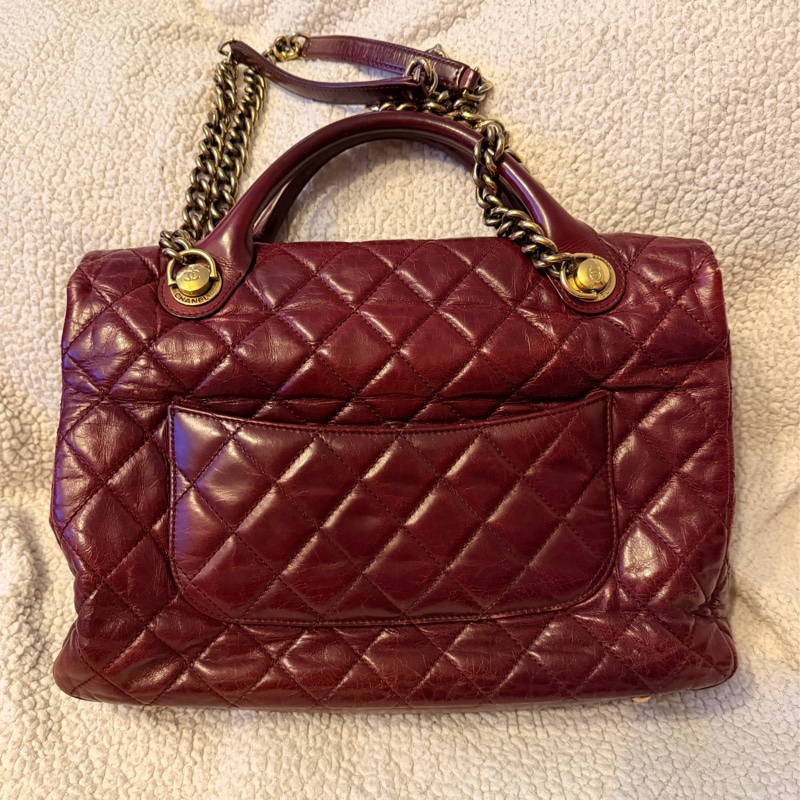 Chanel香奈兒酒紅色孟買包油蠟牛皮手柄鏈條手柄翻蓋包-1