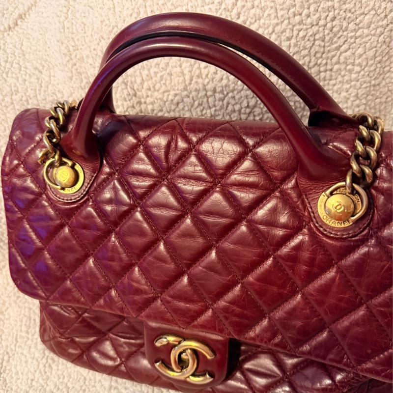 Chanel香奈兒酒紅色孟買包油蠟牛皮手柄鏈條手柄翻蓋包-2