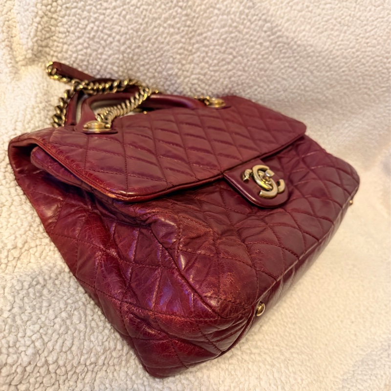 Chanel香奈兒酒紅色孟買包油蠟牛皮手柄鏈條手柄翻蓋包-3