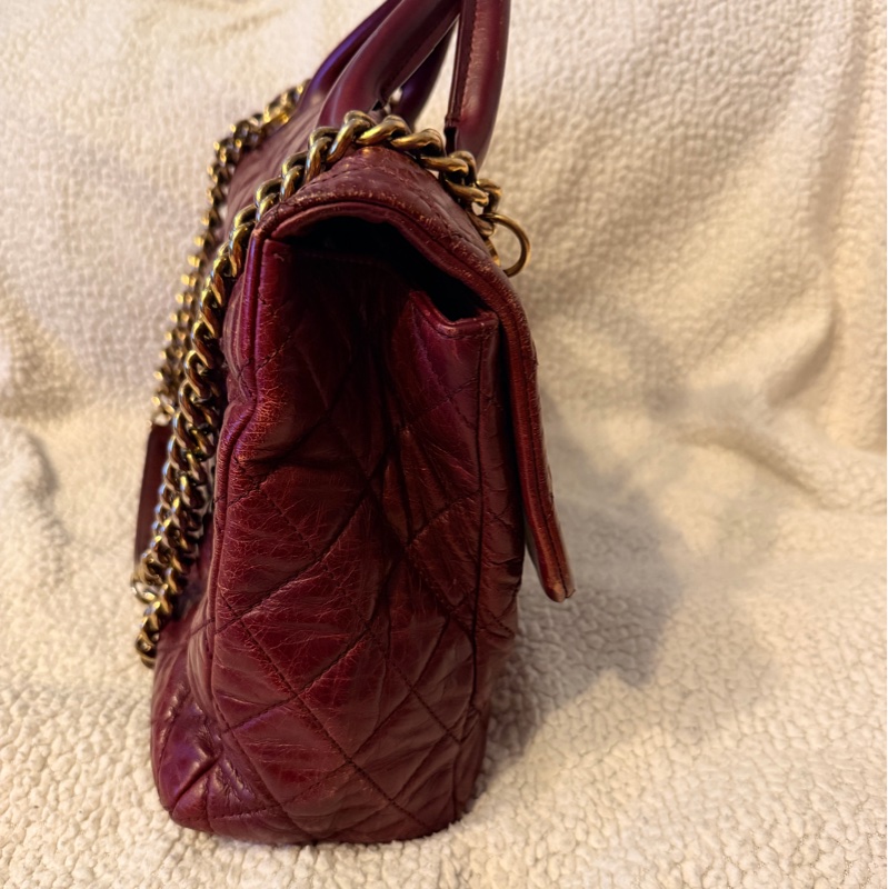 Chanel香奈兒酒紅色孟買包油蠟牛皮手柄鏈條手柄翻蓋包-4