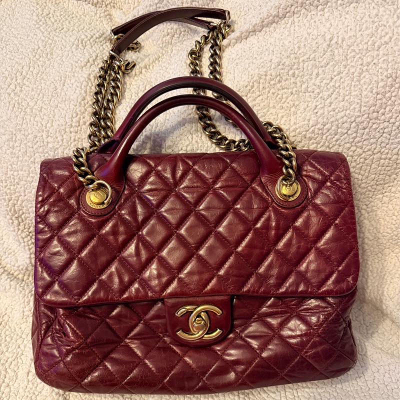 Chanel香奈兒酒紅色孟買包油蠟牛皮手柄鏈條手柄翻蓋包-5