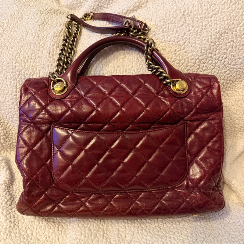 Chanel香奈兒酒紅色孟買包油蠟牛皮手柄鏈條手柄翻蓋包-6