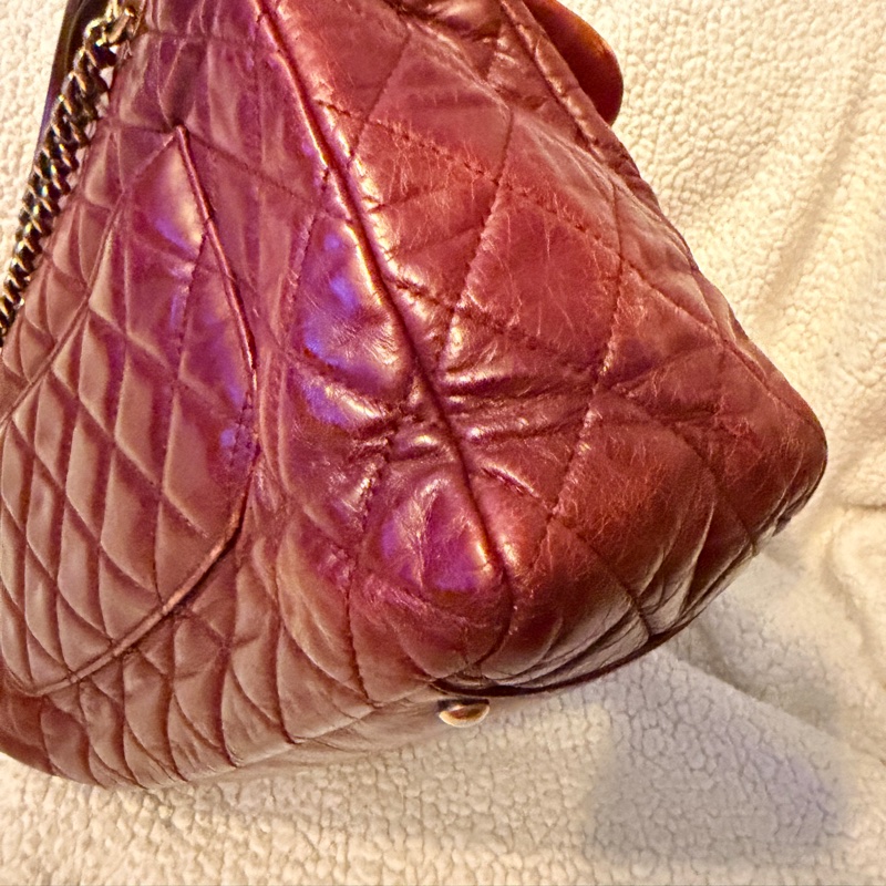 Chanel香奈兒酒紅色孟買包油蠟牛皮手柄鏈條手柄翻蓋包-8