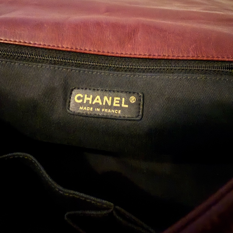 Chanel香奈兒酒紅色孟買包油蠟牛皮手柄鏈條手柄翻蓋包-10