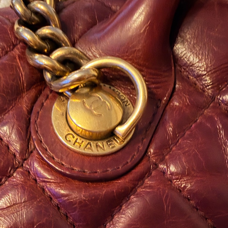 Chanel香奈兒酒紅色孟買包油蠟牛皮手柄鏈條手柄翻蓋包-13
