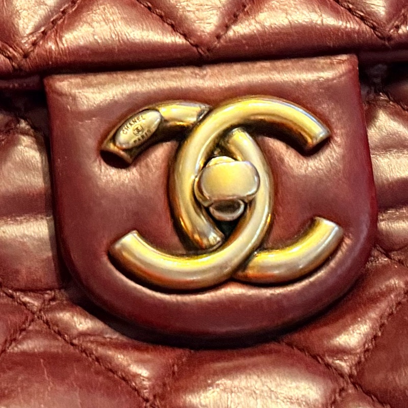 Chanel香奈兒酒紅色孟買包油蠟牛皮手柄鏈條手柄翻蓋包-14