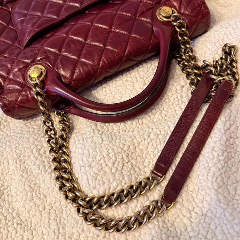 Chanel香奈兒酒紅色孟買包油蠟牛皮手柄鏈條手柄翻蓋包-15