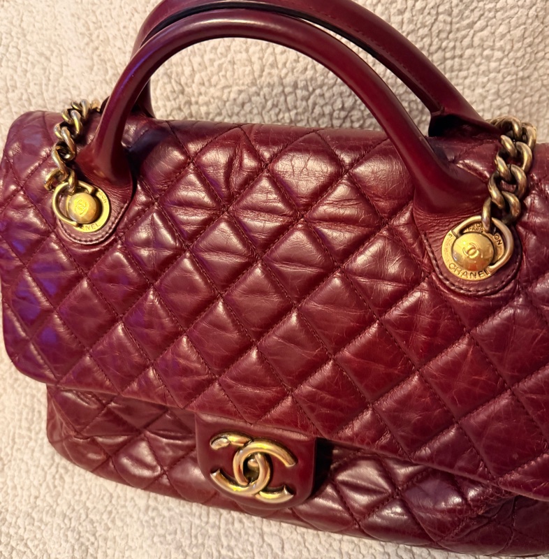 Chanel香奈兒酒紅色孟買包油蠟牛皮手柄鏈條手柄翻蓋包-16