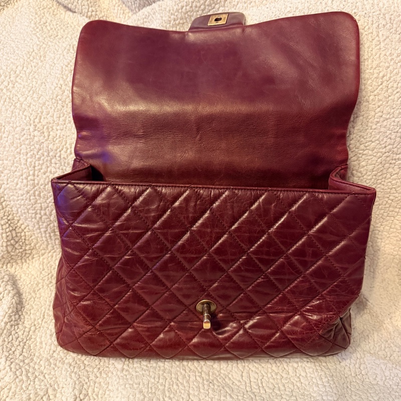 Chanel香奈兒酒紅色孟買包油蠟牛皮手柄鏈條手柄翻蓋包-18