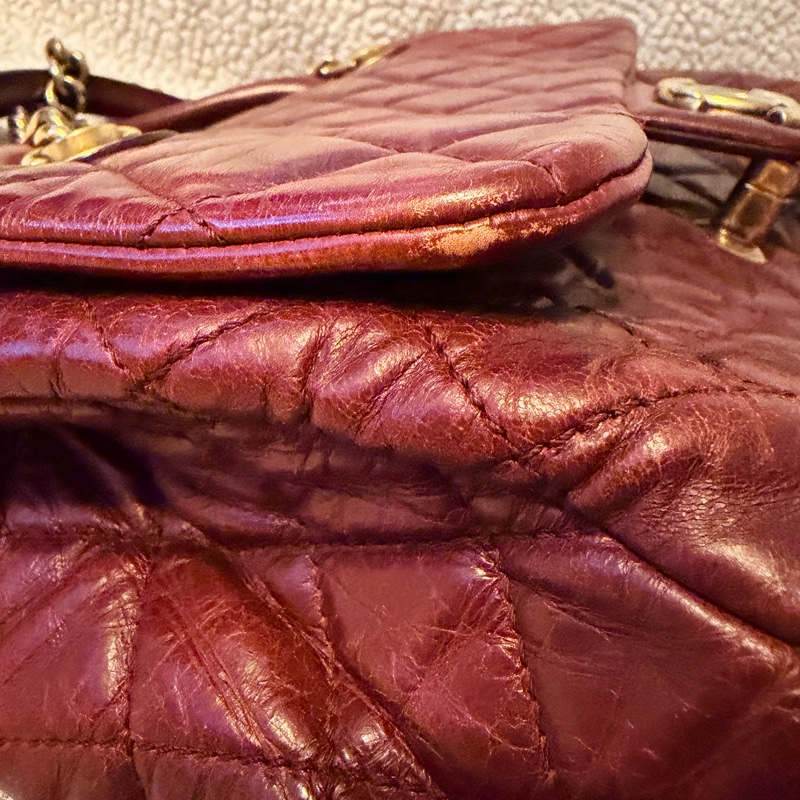 Chanel香奈兒酒紅色孟買包油蠟牛皮手柄鏈條手柄翻蓋包-20