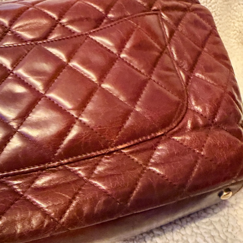 Chanel香奈兒酒紅色孟買包油蠟牛皮手柄鏈條手柄翻蓋包-21