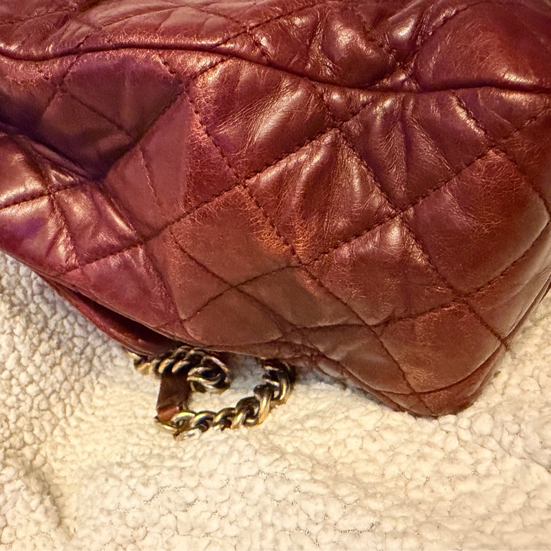 Chanel香奈兒酒紅色孟買包油蠟牛皮手柄鏈條手柄翻蓋包-23
