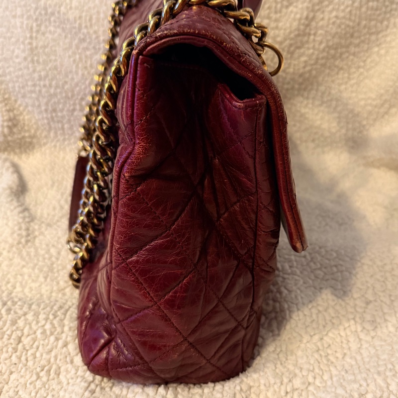 Chanel香奈兒酒紅色孟買包油蠟牛皮手柄鏈條手柄翻蓋包-24