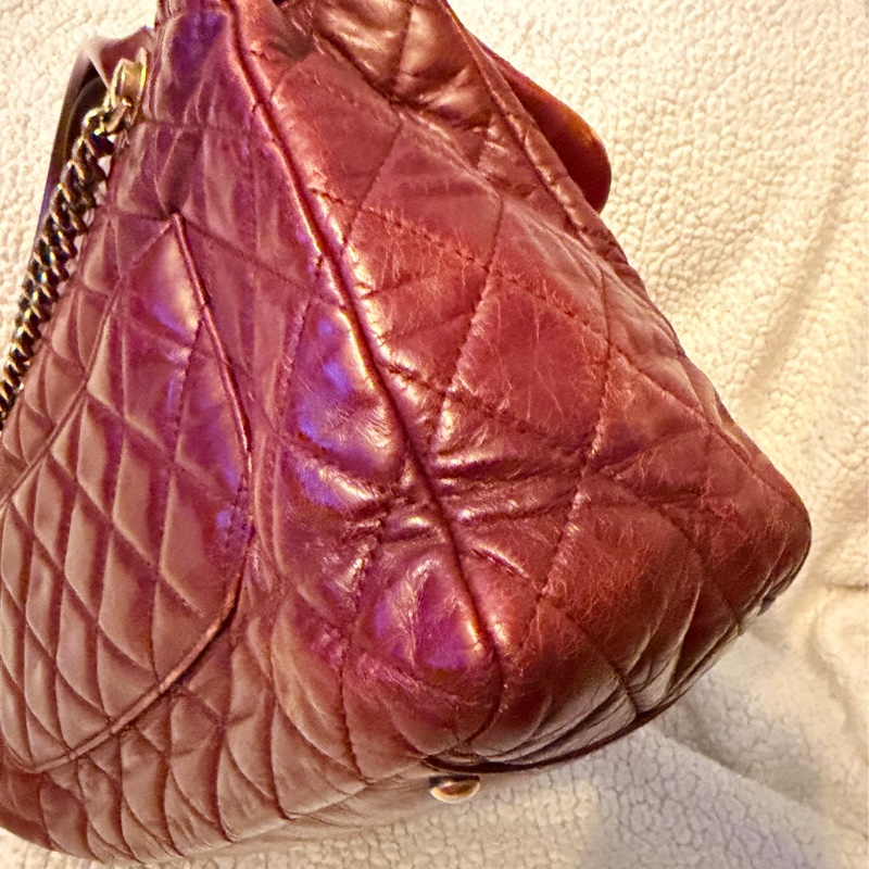 Chanel香奈兒酒紅色孟買包油蠟牛皮手柄鏈條手柄翻蓋包-27