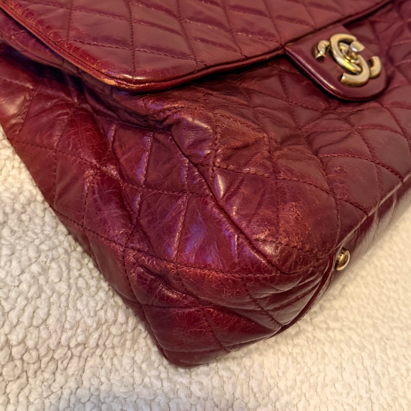 Chanel香奈兒酒紅色孟買包油蠟牛皮手柄鏈條手柄翻蓋包-28