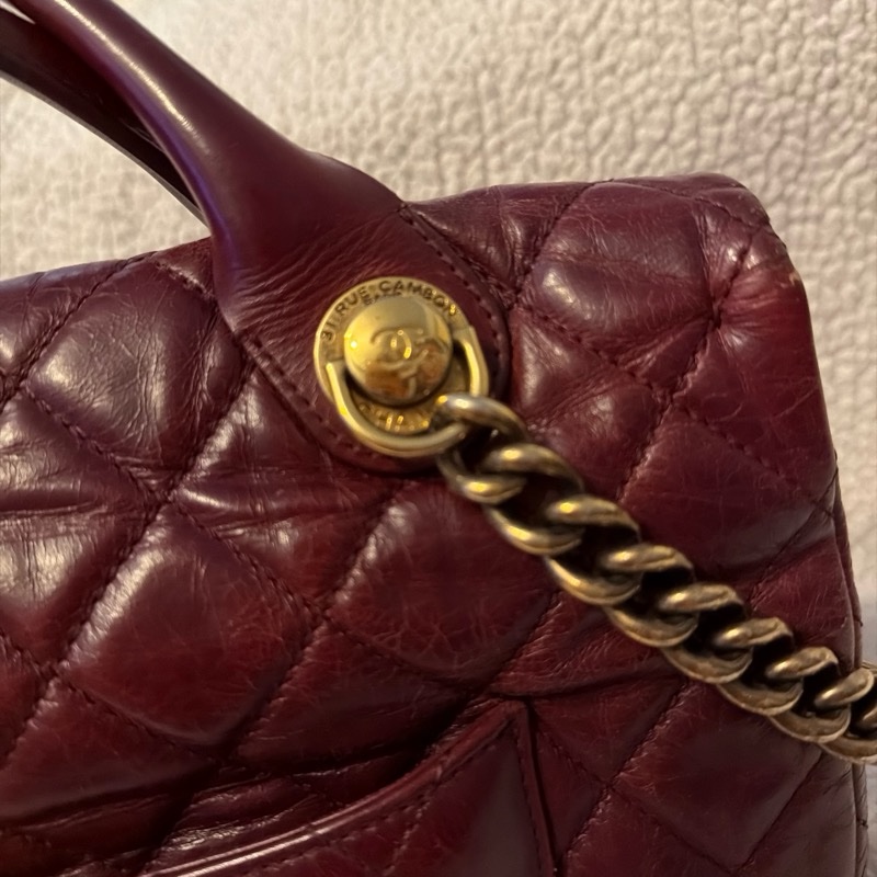 Chanel香奈兒酒紅色孟買包油蠟牛皮手柄鏈條手柄翻蓋包-34