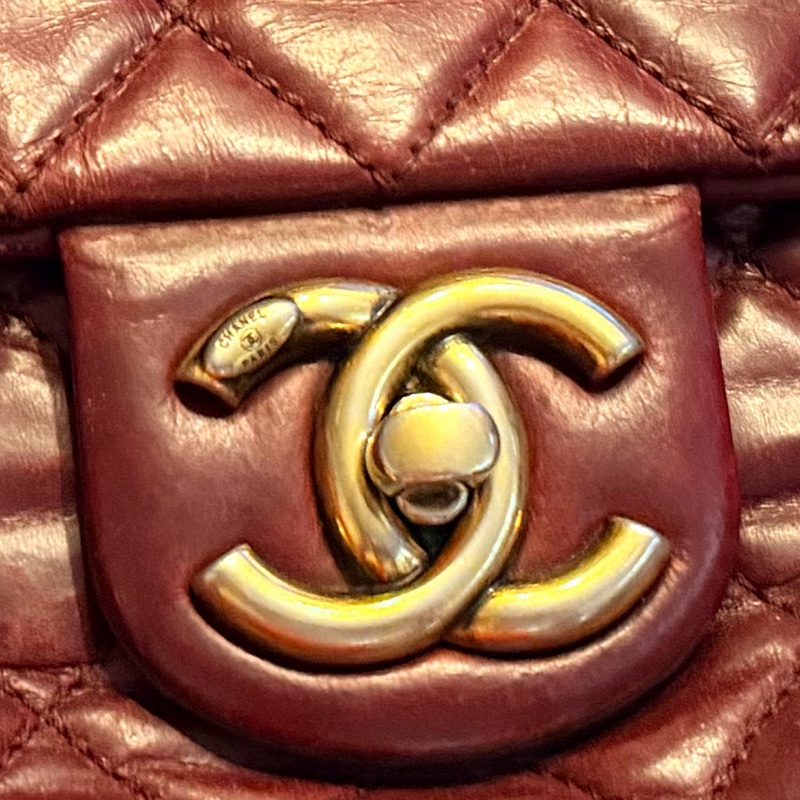 Chanel香奈兒酒紅色孟買包油蠟牛皮手柄鏈條手柄翻蓋包-36