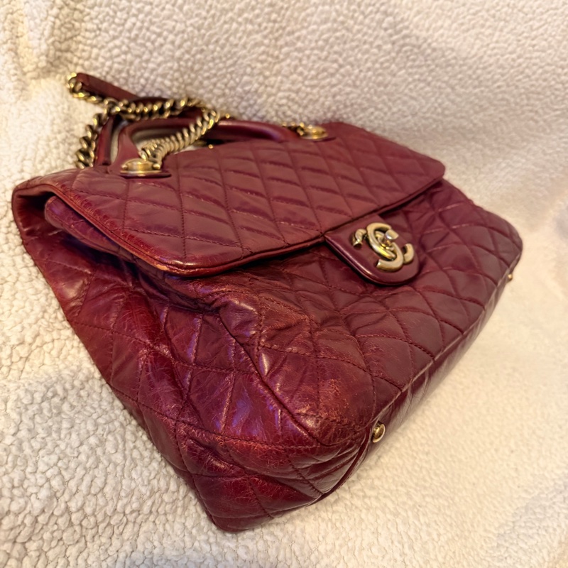 Chanel香奈兒酒紅色孟買包油蠟牛皮手柄鏈條手柄翻蓋包-38