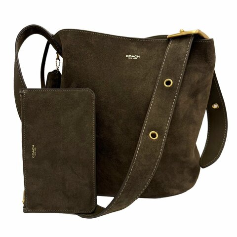 [全新]COACH BLEECKER專櫃款麂皮肩背斜背兩用水桶包(橄欖綠)
