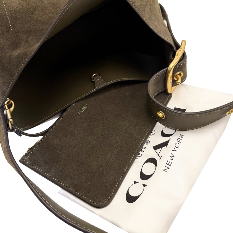 [全新]COACH BLEECKER專櫃款麂皮肩背斜背兩用水桶包(橄欖綠)-4