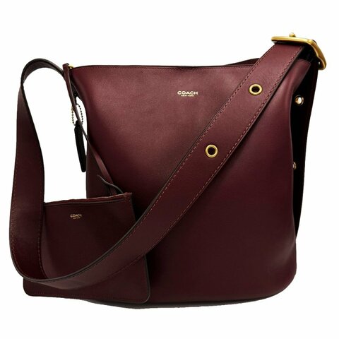 [全新]COACH BLEECKER專櫃款滑面牛皮肩背斜背兩用水桶包(勃根第酒紅)