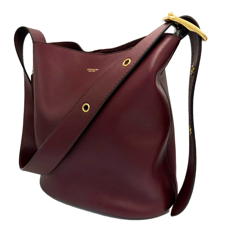 [全新]COACH BLEECKER專櫃款滑面牛皮肩背斜背兩用水桶包(勃根第酒紅)-1
