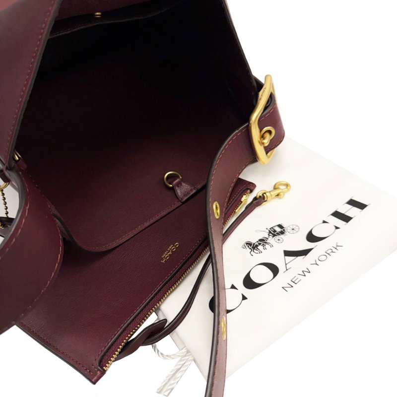 [全新]COACH BLEECKER專櫃款滑面牛皮肩背斜背兩用水桶包(勃根第酒紅)-4