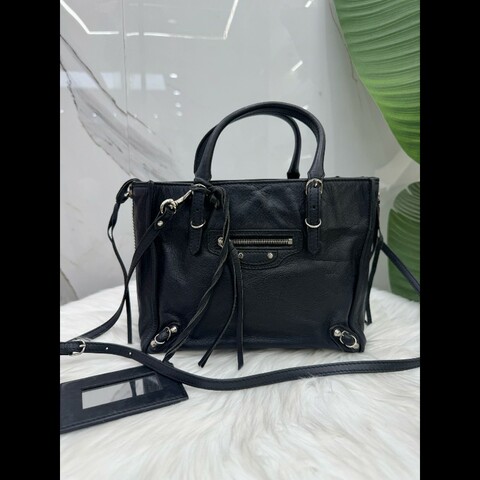 巴黎世家黑Balenciaga銀釘托特機車斜挎手提包