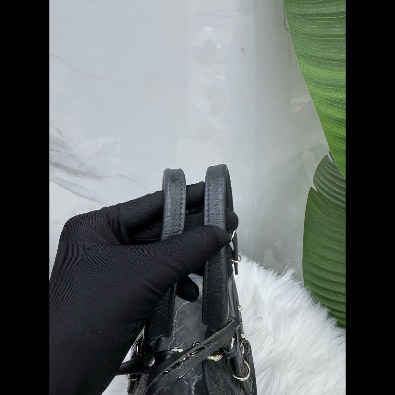 巴黎世家黑Balenciaga銀釘托特機車斜挎手提包-6