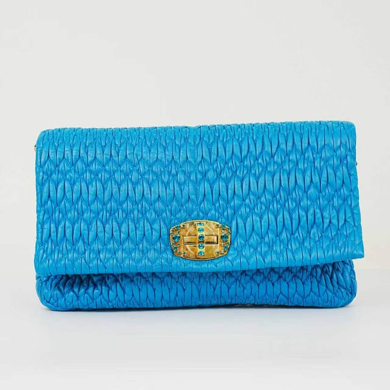 MIU MIU 藍色全皮褶皺寶石鏈條肩背包-1