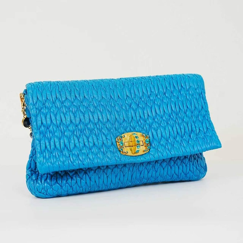 MIU MIU 藍色全皮褶皺寶石鏈條肩背包-2