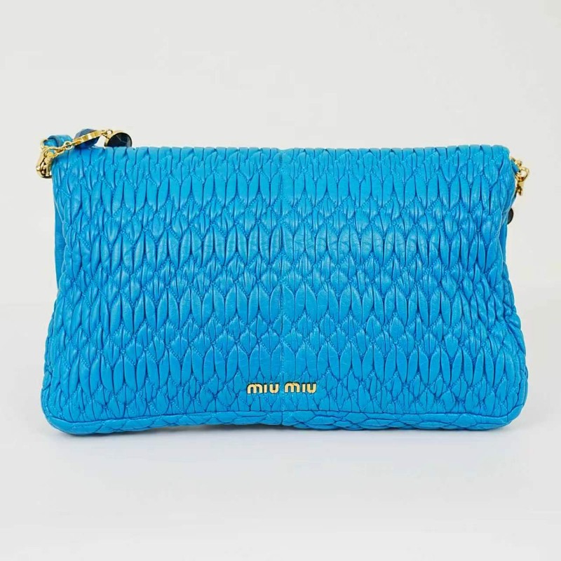 MIU MIU 藍色全皮褶皺寶石鏈條肩背包-5