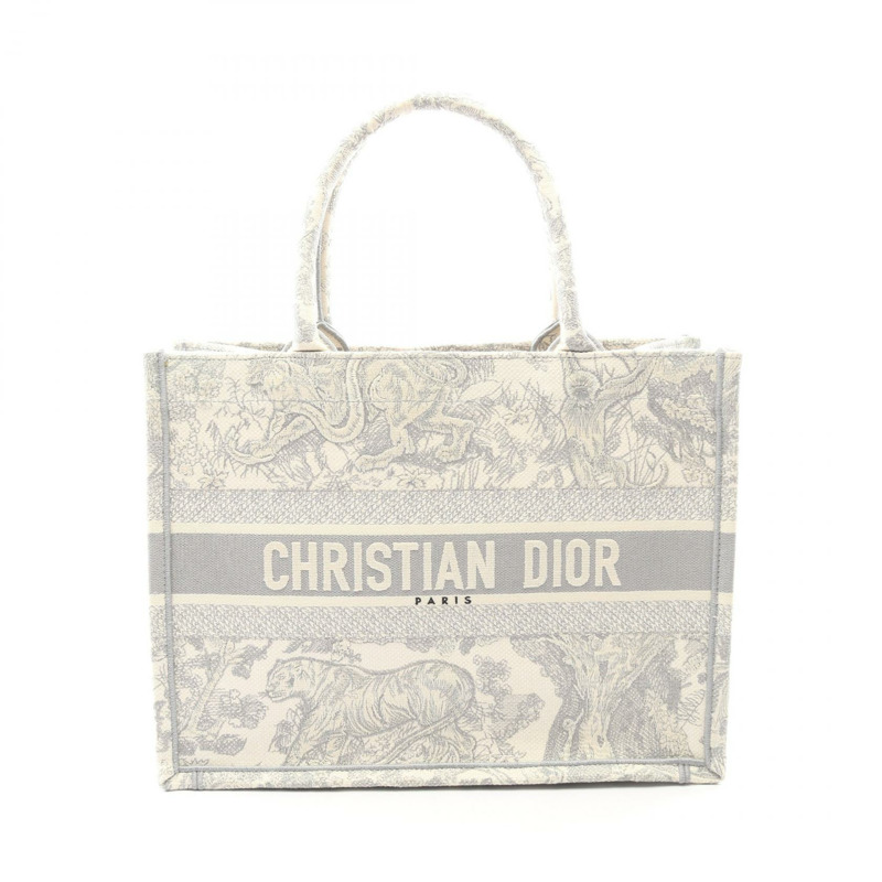 Dior BOOK TOTE 中型手提包 帆布 白色 灰色 二手 女士 Logo-0