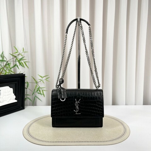 YSL聖羅蘭 黑色鱷魚壓紋日落包單肩斜挎包 包型立挺 容量大小剛好 適合日常通勤使用 高級美麗