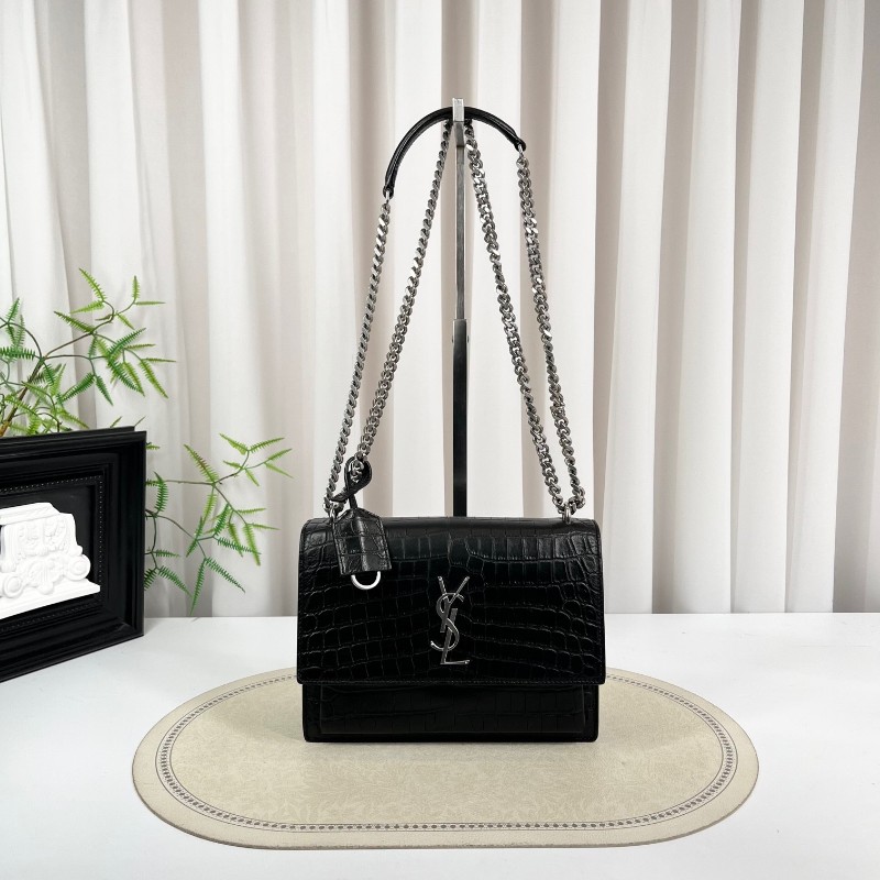 YSL聖羅蘭 黑色鱷魚壓紋日落包單肩斜挎包 包型立挺 容量大小剛好 適合日常通勤使用 高級美麗-0