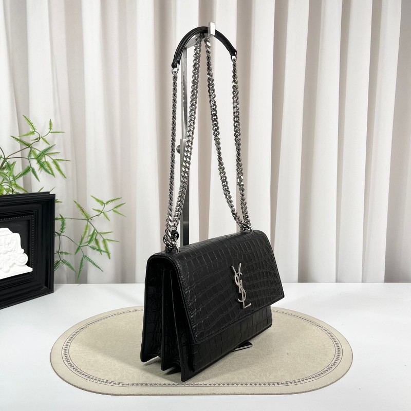 YSL聖羅蘭 黑色鱷魚壓紋日落包單肩斜挎包 包型立挺 容量大小剛好 適合日常通勤使用 高級美麗-3
