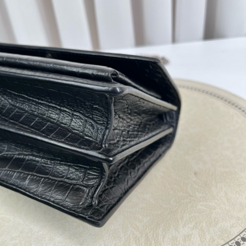 YSL聖羅蘭 黑色鱷魚壓紋日落包單肩斜挎包 包型立挺 容量大小剛好 適合日常通勤使用 高級美麗-7