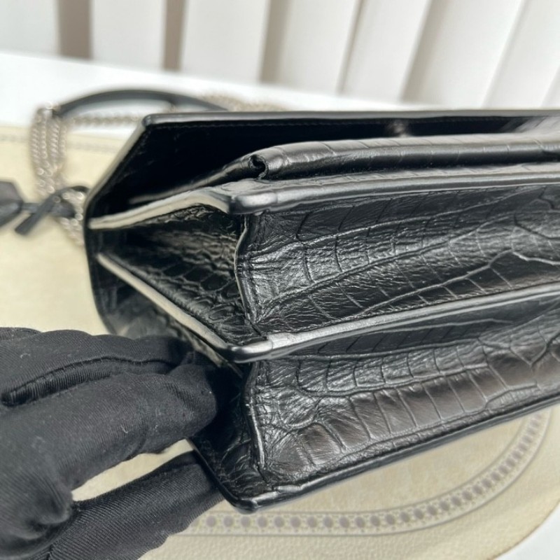 YSL聖羅蘭 黑色鱷魚壓紋日落包單肩斜挎包 包型立挺 容量大小剛好 適合日常通勤使用 高級美麗-9