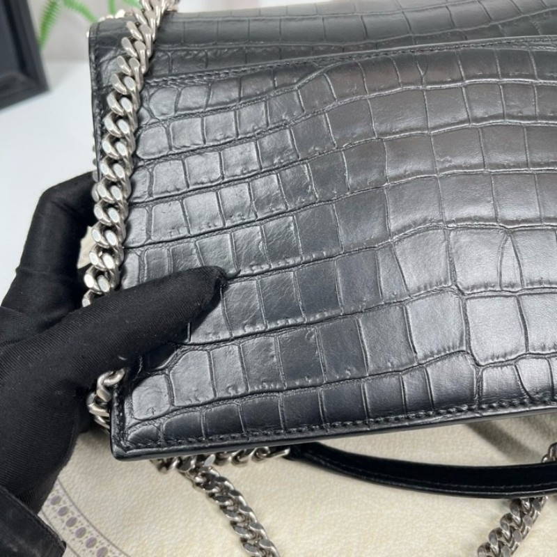YSL聖羅蘭 黑色鱷魚壓紋日落包單肩斜挎包 包型立挺 容量大小剛好 適合日常通勤使用 高級美麗-21