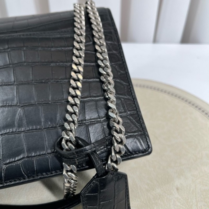 YSL聖羅蘭 黑色鱷魚壓紋日落包單肩斜挎包 包型立挺 容量大小剛好 適合日常通勤使用 高級美麗-22