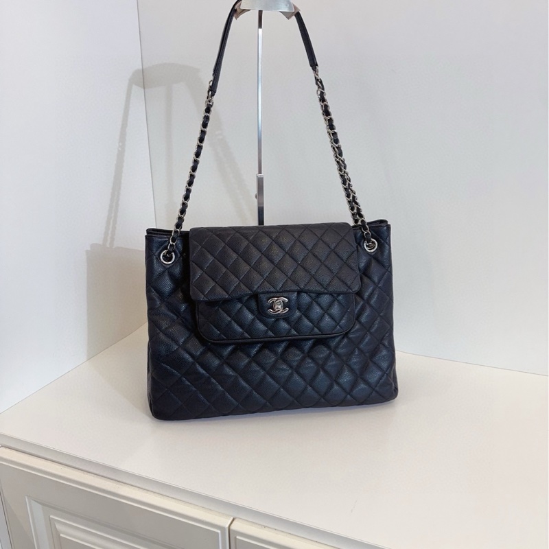 【98新🆕】Chanel 黑銀 牛皮 魚子醬雙口袋 機場包 tote 托特單肩包-0
