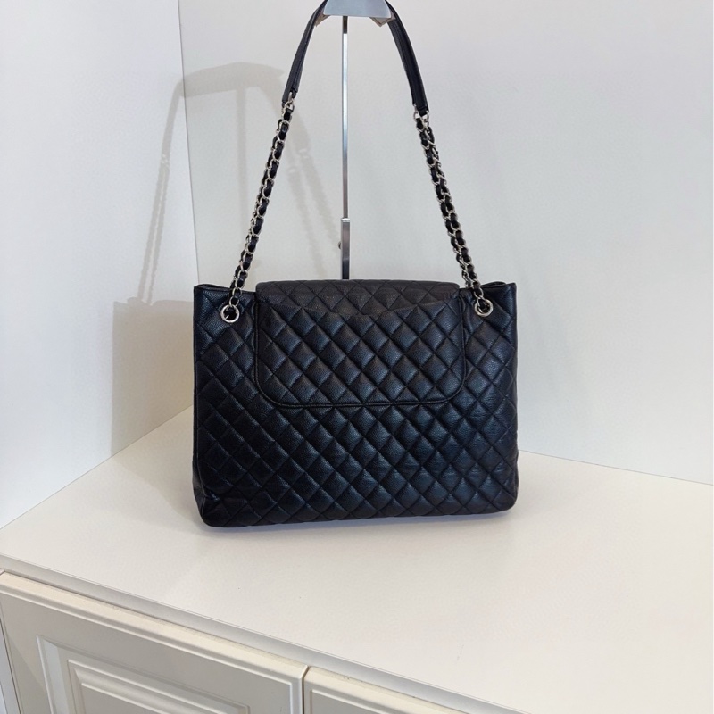 【98新🆕】Chanel 黑銀 牛皮 魚子醬雙口袋 機場包 tote 托特單肩包-1
