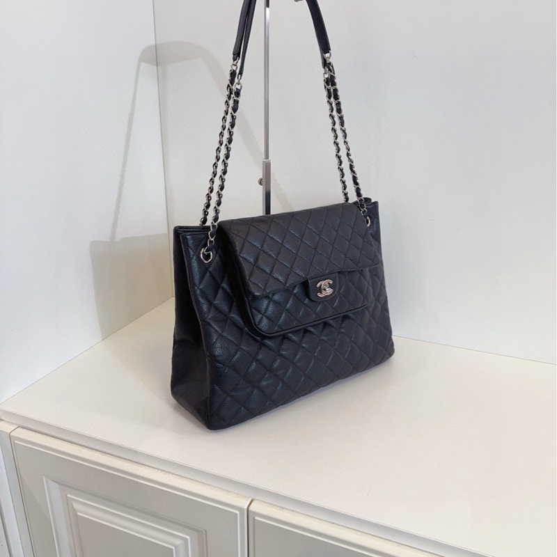【98新🆕】Chanel 黑銀 牛皮 魚子醬雙口袋 機場包 tote 托特單肩包-2