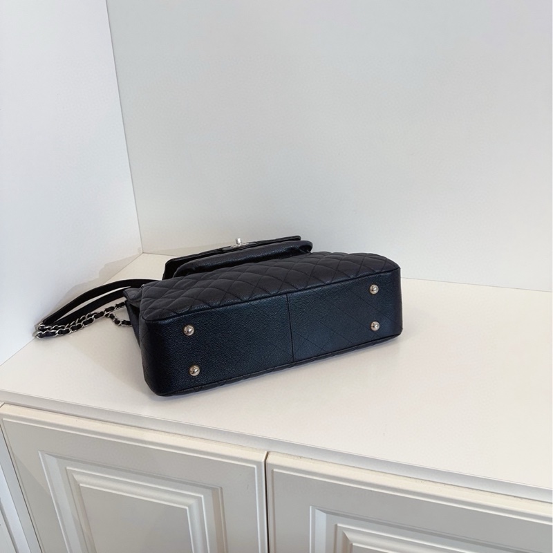 【98新🆕】Chanel 黑銀 牛皮 魚子醬雙口袋 機場包 tote 托特單肩包-3